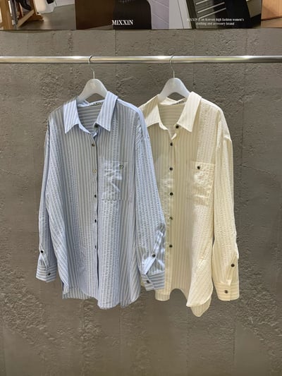 清爽配色條紋寬鬆襯衫2