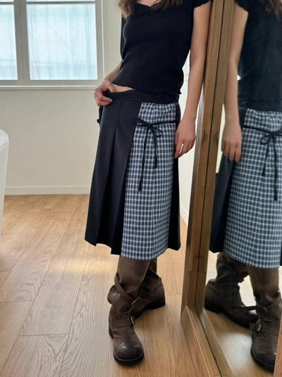 英倫格紋側綁帶百摺長裙1