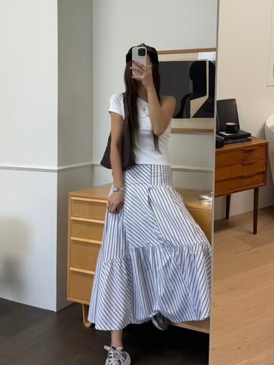 腰身特殊剪裁條紋散擺長裙1