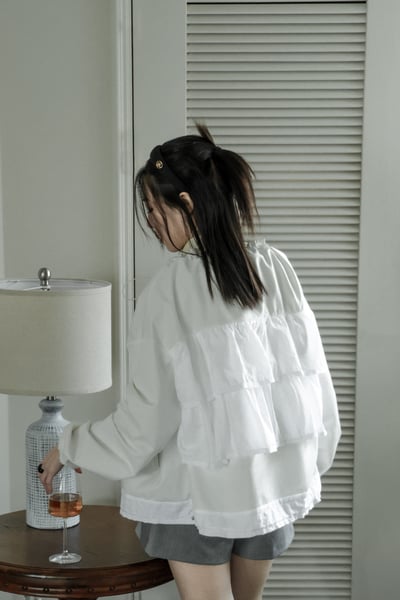 雙層荷葉抽繩排釦風衣外套（咩冷同款）1