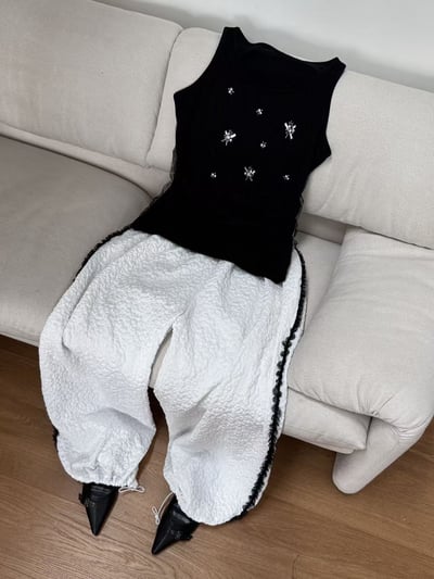 滿版小花布料拼接蕾絲長褲3