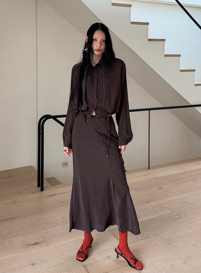 高級感光澤附片裙開衩長裙7