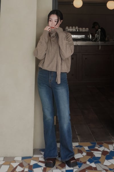 刷色開衩牛仔喇叭褲4