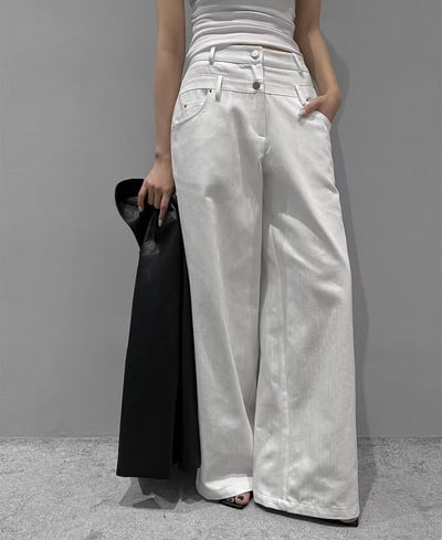 雙腰釦設計條紋寬版直筒褲1