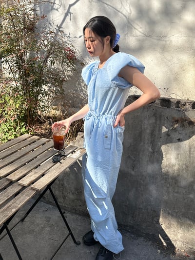 出遊必備花苞袖緹花連身褲（子珊同款）3