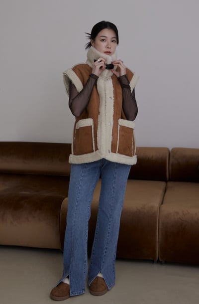 軟呼呼羊羔毛高領麂皮背心4