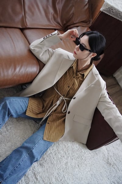 高級低調條紋綁帶式襯衫5