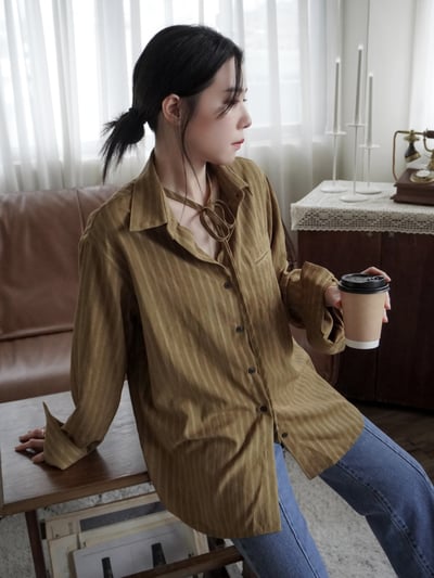 高級低調條紋綁帶式襯衫7