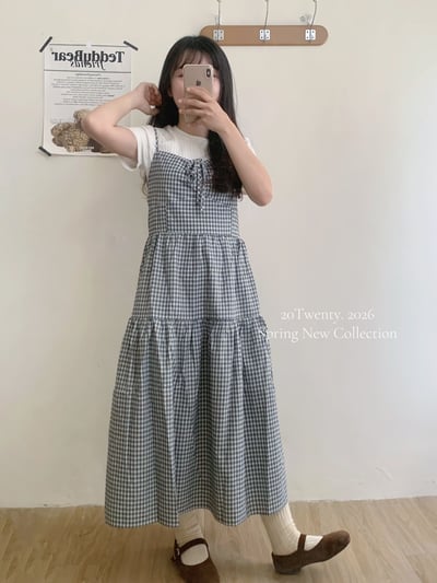 前抽繩格紋長洋裝（2colors)4