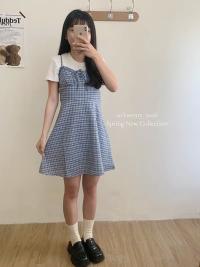 小格紋吊帶短洋（2colors)1