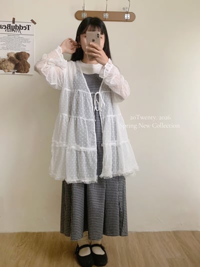 日系點點綁帶罩衫（2colors)1