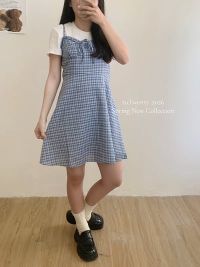 小格紋吊帶短洋（2colors)2