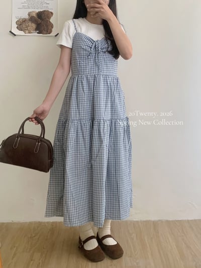 前抽繩格紋長洋裝（2colors)2