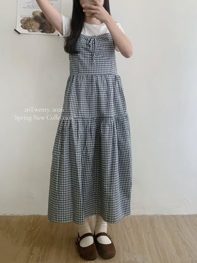 前抽繩格紋長洋裝（2colors)5
