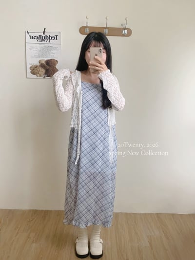 韓系氣質格紋吊帶長洋（2colors)2