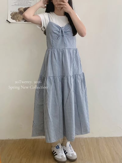 前抽繩格紋長洋裝（2colors)3