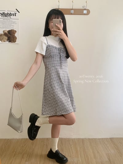 小格紋吊帶短洋（2colors)3