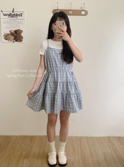 側抽繩格紋短洋（2colors)5