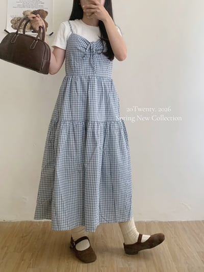 前抽繩格紋長洋裝（2colors)1
