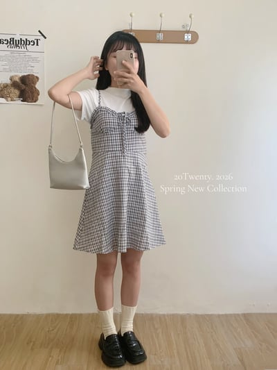 小格紋吊帶短洋（2colors)4