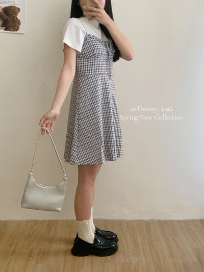 小格紋吊帶短洋（2colors)5
