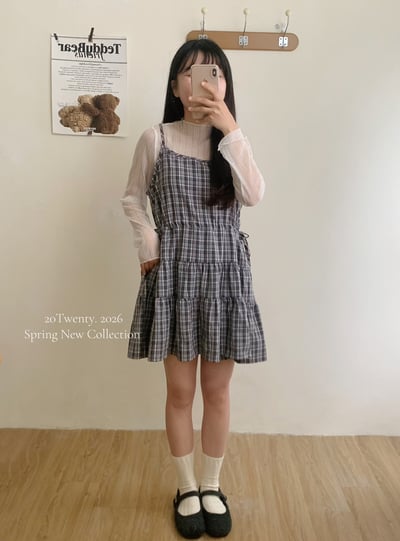 側抽繩格紋短洋（2colors)2