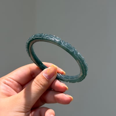 瓜料 藍水翡翠滿花雕刻方鐲593