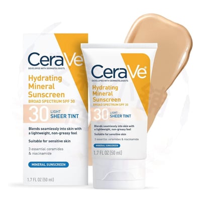Cerave Hydrating Mineral Sunscreen SPF 30 Face Sheer Tint, Shade: Deep / Medium / Light 50ml 保濕礦物臉部SPF30潤色防曬霜（深色/自然色/淺色）2
