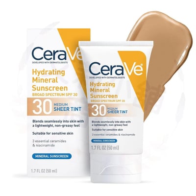 Cerave Hydrating Mineral Sunscreen SPF 30 Face Sheer Tint, Shade: Deep / Medium / Light 50ml 保濕礦物臉部SPF30潤色防曬霜（深色/自然色/淺色）3