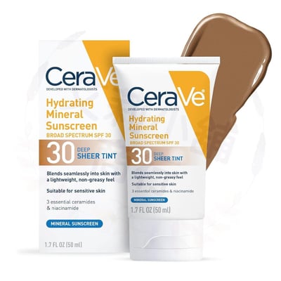 Cerave Hydrating Mineral Sunscreen SPF 30 Face Sheer Tint, Shade: Deep / Medium / Light 50ml 保濕礦物臉部SPF30潤色防曬霜（深色/自然色/淺色）4