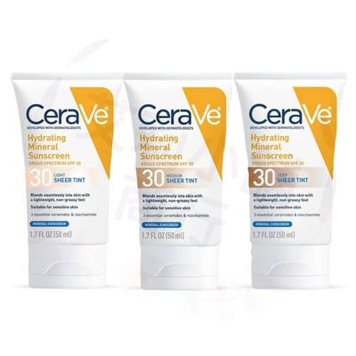Cerave Hydrating Mineral Sunscreen SPF 30 Face Sheer Tint, Shade: Deep / Medium / Light 50ml 保濕礦物臉部SPF30潤色防曬霜（深色/自然色/淺色）1