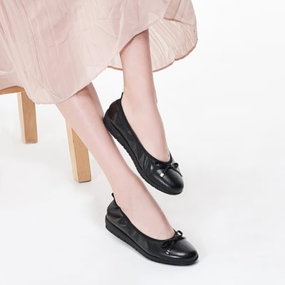 karine(MIT台灣製)全真皮金屬釦蝴蝶結厚底娃娃鞋-黑色3
