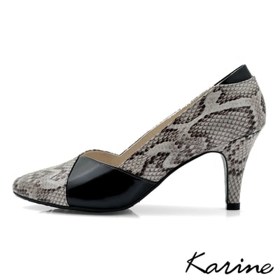 karine(MIT台灣製)全真皮拚色尖頭高跟鞋-蛇紋黑色2