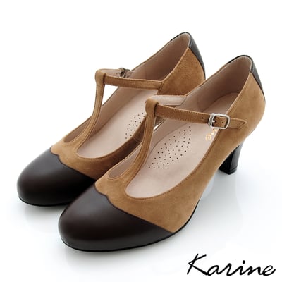 karine(MIT台灣製)全真皮T字繫帶瑪莉珍高跟鞋-摩卡2