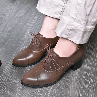 karine(MIT台灣製)全真皮綁帶牛津粗跟踝靴-棕色2