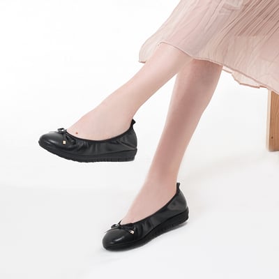 karine(MIT台灣製)全真皮金屬釦蝴蝶結厚底娃娃鞋-黑色5