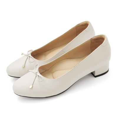 karine(MIT台灣製)全真皮金屬蝴蝶結低跟包鞋-白色2