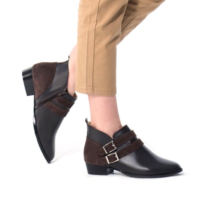 karine(MIT台灣製)全真皮拼接雙帶飾釦短靴-咖啡色2