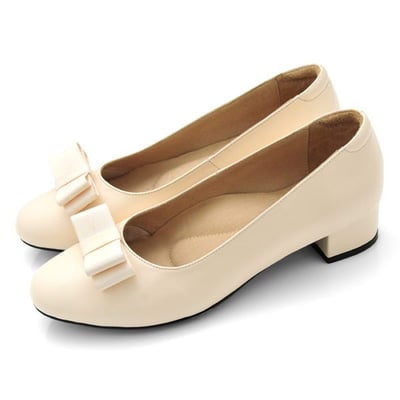 karine(MIT台灣製)全真皮緞帶蝴蝶結低跟包鞋-粉橘色1