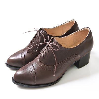 karine(MIT台灣製)全真皮綁帶牛津粗跟踝靴-棕色5