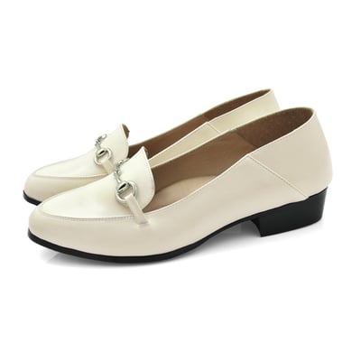 karine(MIT台灣製)全真皮飾釦後踩兩穿低跟樂福鞋-珍珠白1