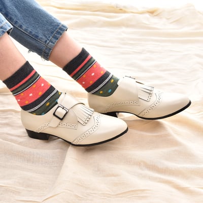 karine(MIT台灣製)全真皮兩穿流蘇低跟孟克鞋-香草白2