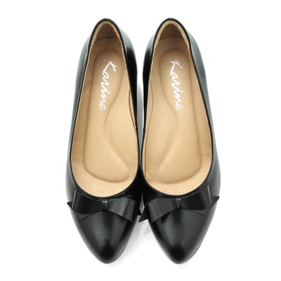 karine(MIT台灣製)全真皮尖頭蝴蝶結粗低跟鞋-黑色2