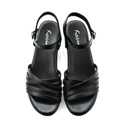 karine(MIT台灣製)全真皮交叉細帶鏤空楔型涼鞋-黑色3