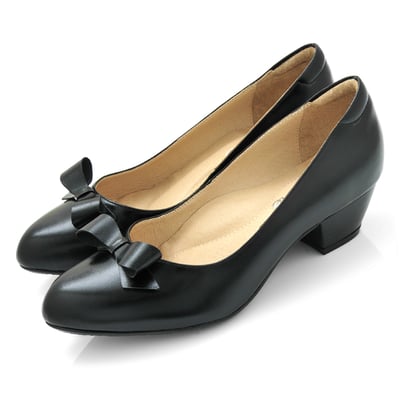 karine(MIT台灣製)全真皮尖頭蝴蝶結粗低跟鞋-黑色1
