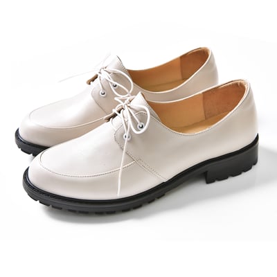 karine(MIT台灣製)全真皮綁帶寬楦厚底樂福鞋-米白色5