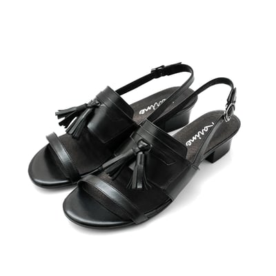 karine(MIT台灣製)全真皮一字帶流蘇低跟涼鞋-黑色6