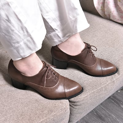 karine(MIT台灣製)全真皮綁帶牛津粗跟踝靴-棕色4