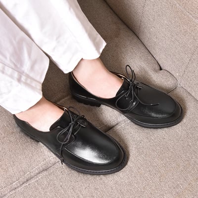 karine(MIT台灣製)全真皮綁帶寬楦厚底樂福鞋-黑色7