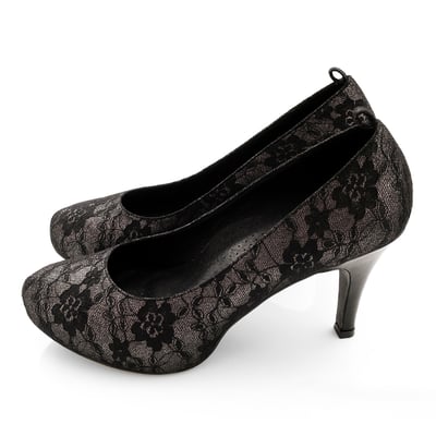 karine(MIT台灣製)全真皮2way繫踝低音高跟鞋-蕾絲黑1